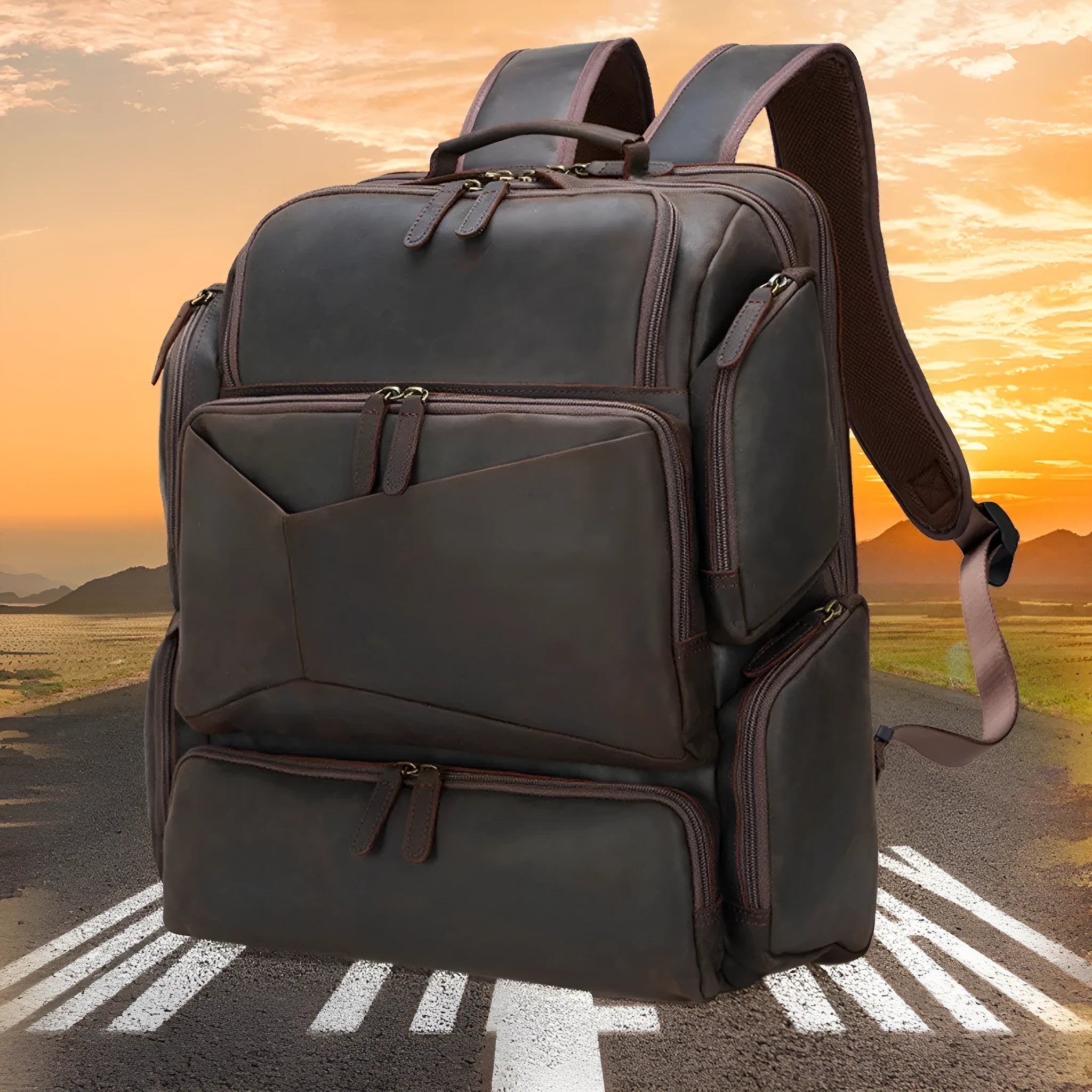 Dark brown genuine leather backpack with 17-inch laptop compartment and double shoulder straps