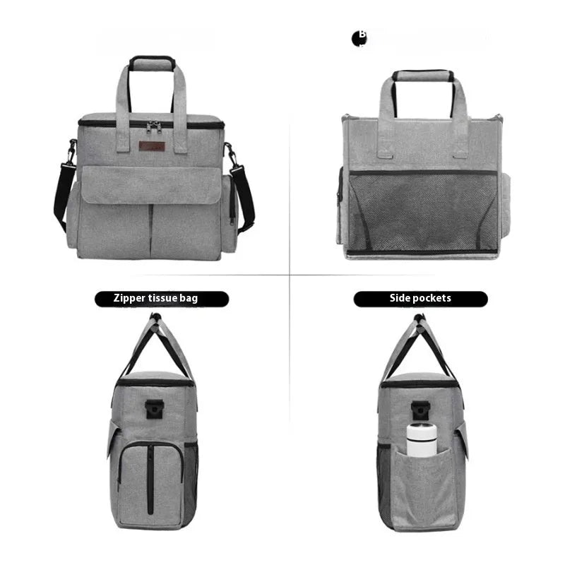 Grey dog travel backpack kit with removable divider and bonus training bag on a white background