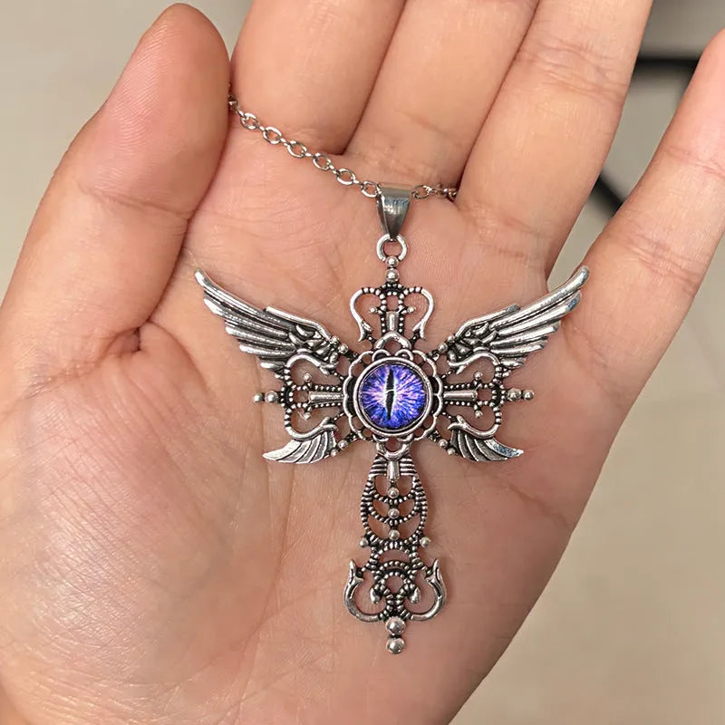 Creative devil wings and cross design alloy pendant necklace on a chain, shown in multiple colour options.
