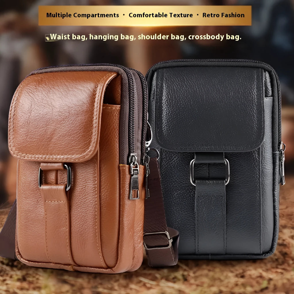 Men's genuine leather crossbody belt bag in vertical square shape with lock detail