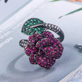 Black gold geometric floral women's ring with simulated red corundum stones