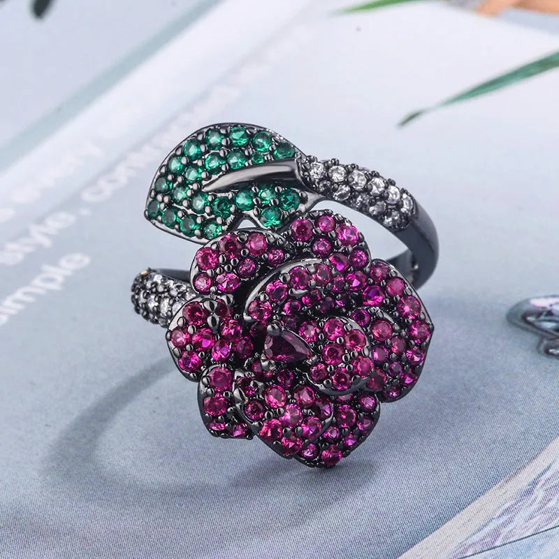 Black gold geometric floral women's ring with simulated red corundum stones