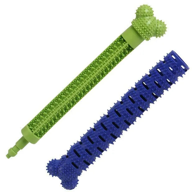 Blue green silicone dog toothbrush toy with serrated brush head for dental cleaning