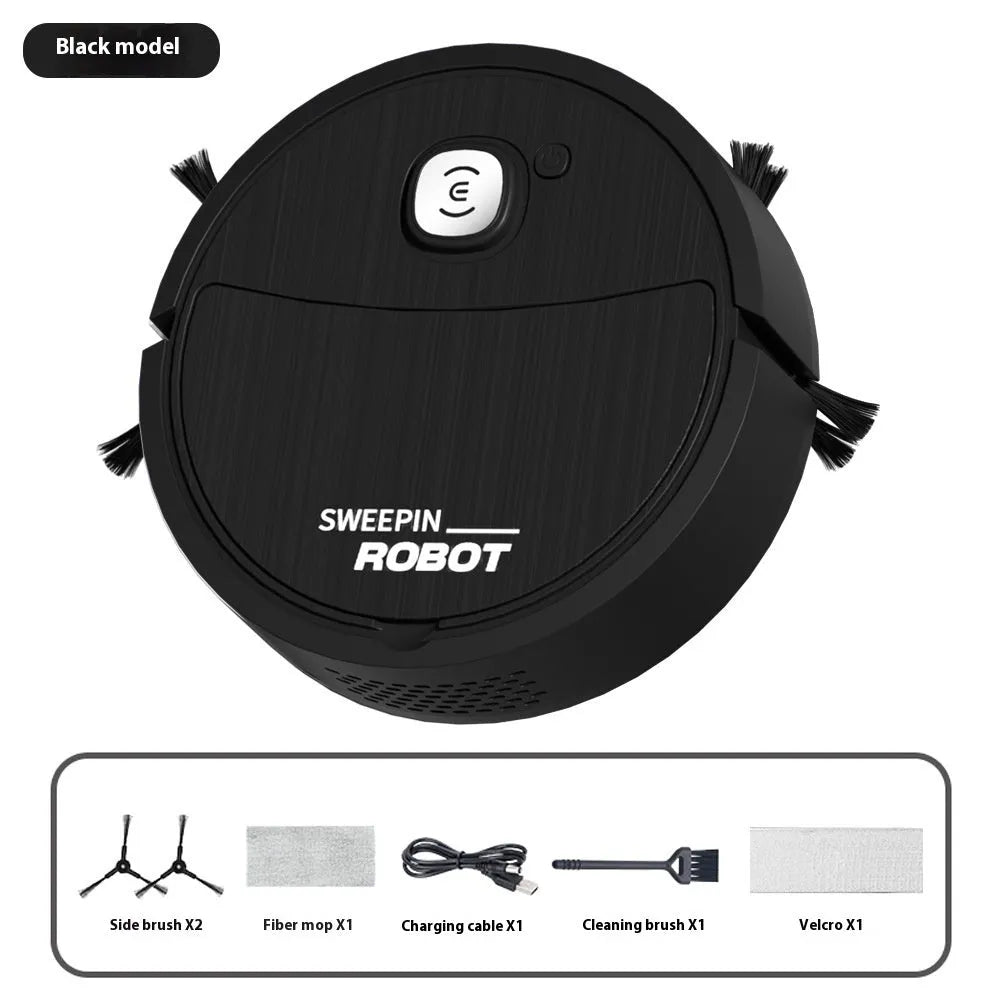Mini sweeping robot vacuum in white with edge brush and fibre mop on hard floor