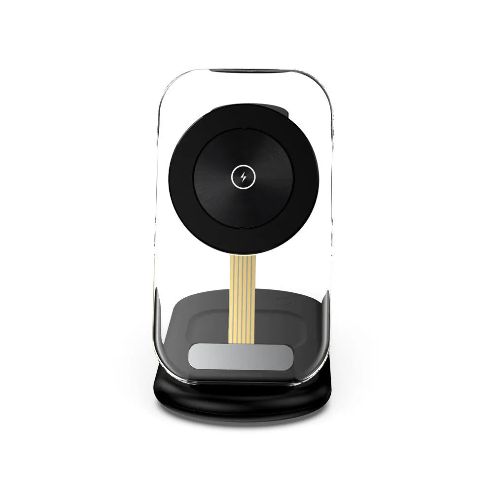Transparent folding three-in-one wireless charger showing internal components