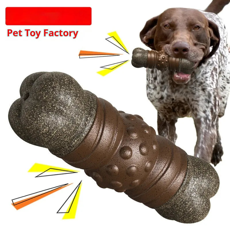 Wood colour plastic bone dog toy with molar rod toothbrush design for dental cleaning