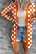 Women's long grey plaid knitted cardigan coat with loose fit and regular sleeves on a model.