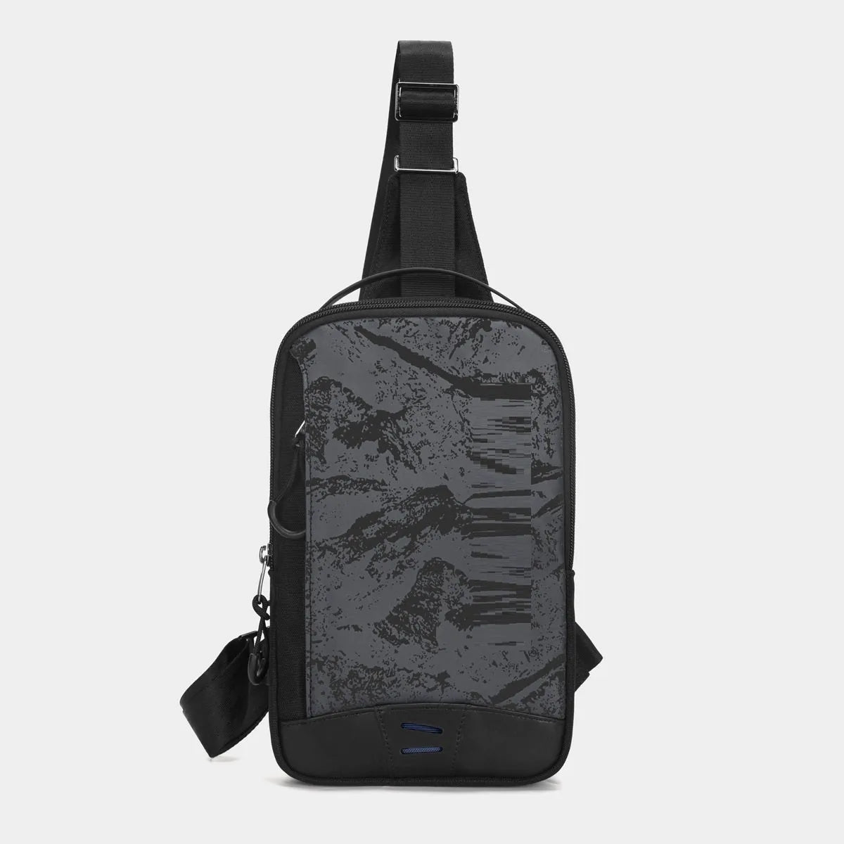 Casual black TPU chest bag with camouflage pattern, single shoulder strap, and soft handle showing square vertical shape