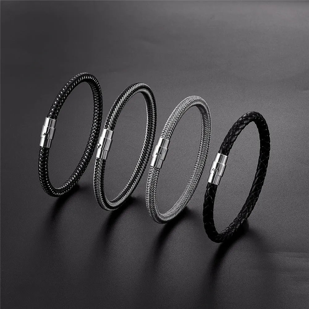 Geometric titanium steel wire bracelet with a magnetic clasp on a wrist, shown in a silver colour.