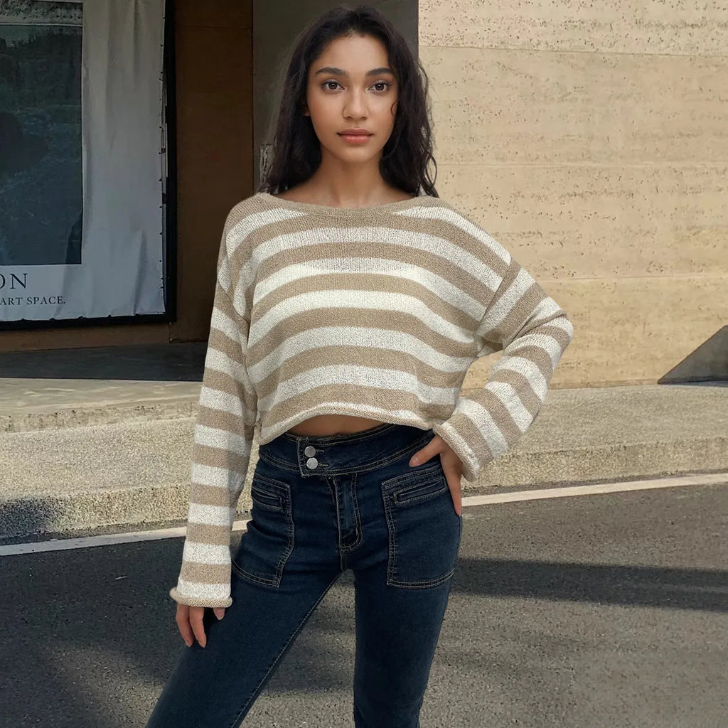Striped long-sleeve pullover sweater in Mercerised cotton, shown in multiple colours, highlighting front/back wearable design.