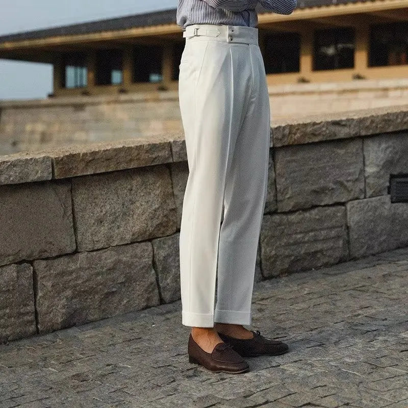 Men's slim fit straight leg formal trousers in black, white or apricot colours