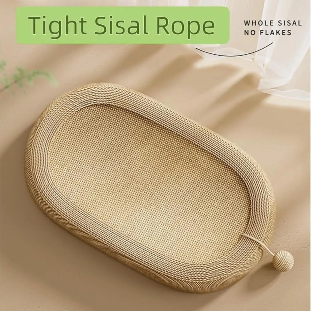 Large sisal cat scratching board with integrated lounge bed featuring adorable cat design