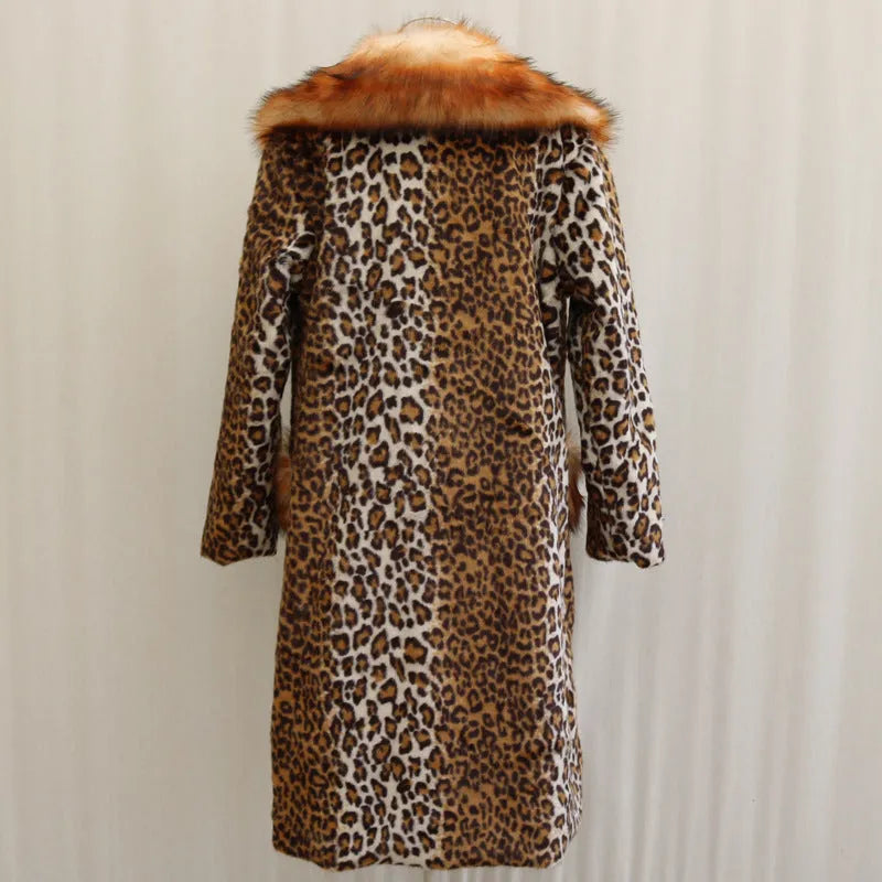 Women's long length leopard print artificial fur jacket on a hanger.