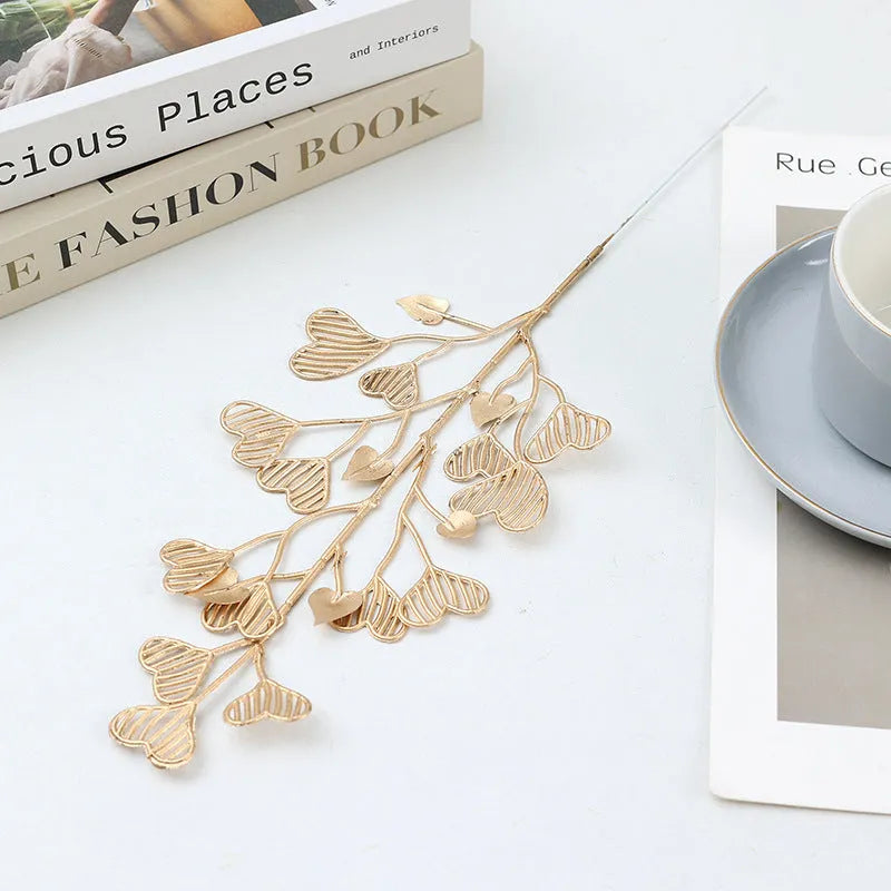 Artificial Persian eucalyptus ginkgo leaf flower arrangement in gold plastic for wedding home decor