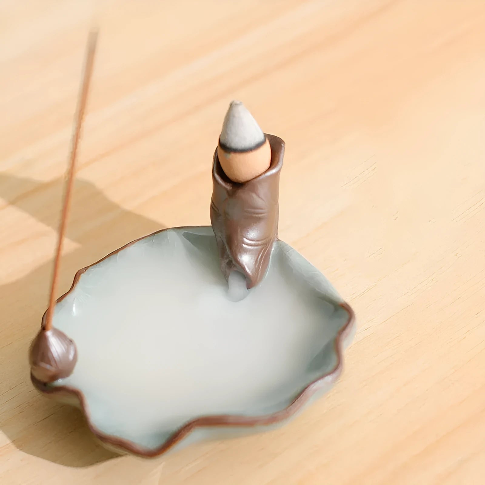 Square purple clay ceramic reverse flow incense burner with crystal glaze and auspicious lotus plum blossom symbols