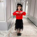 Girls sequin love pullover cotton two-piece skirt set in white and red sizes 110-160cm