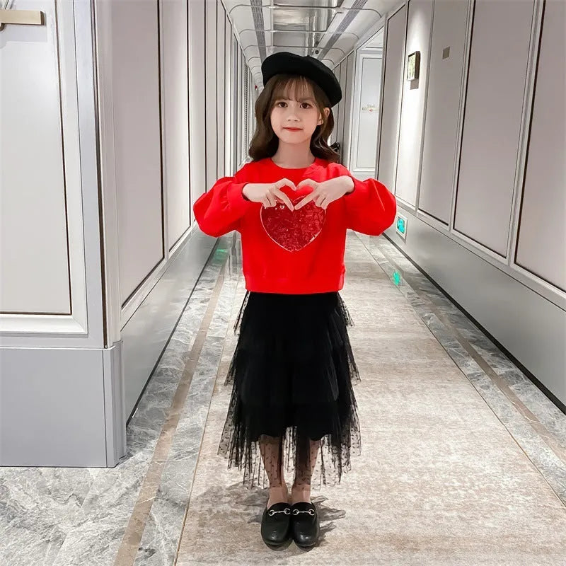 Girls sequin love pullover cotton two-piece skirt set in white and red sizes 110-160cm
