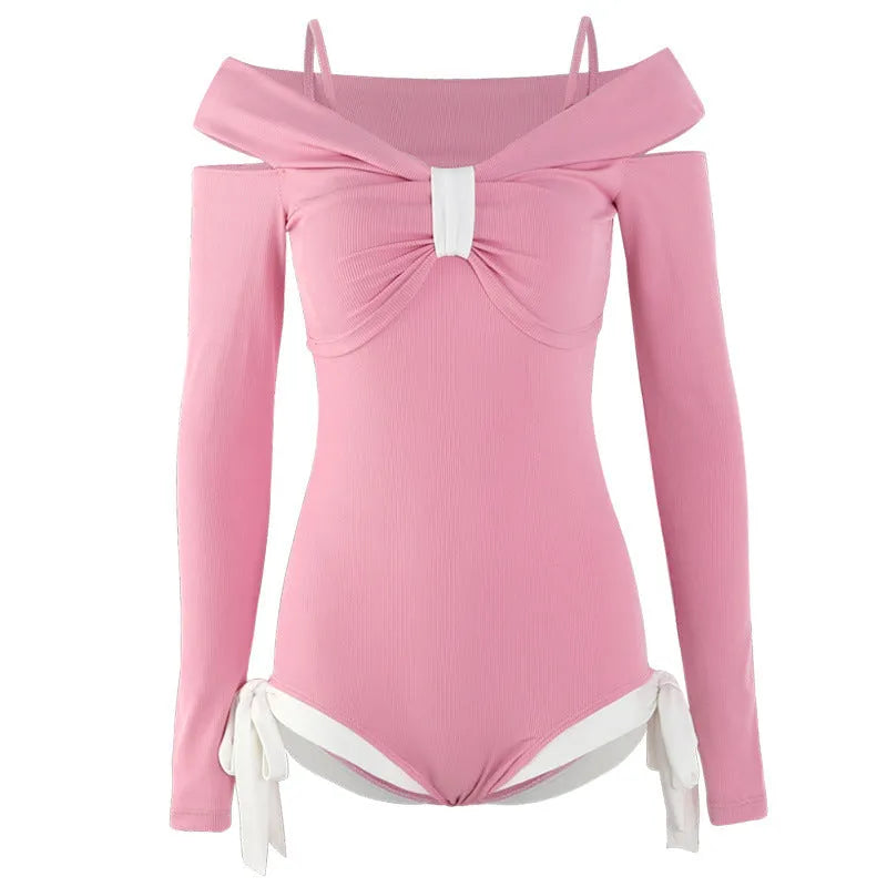 Women's long sleeve one-piece swimsuit in pink or black polyester fabric