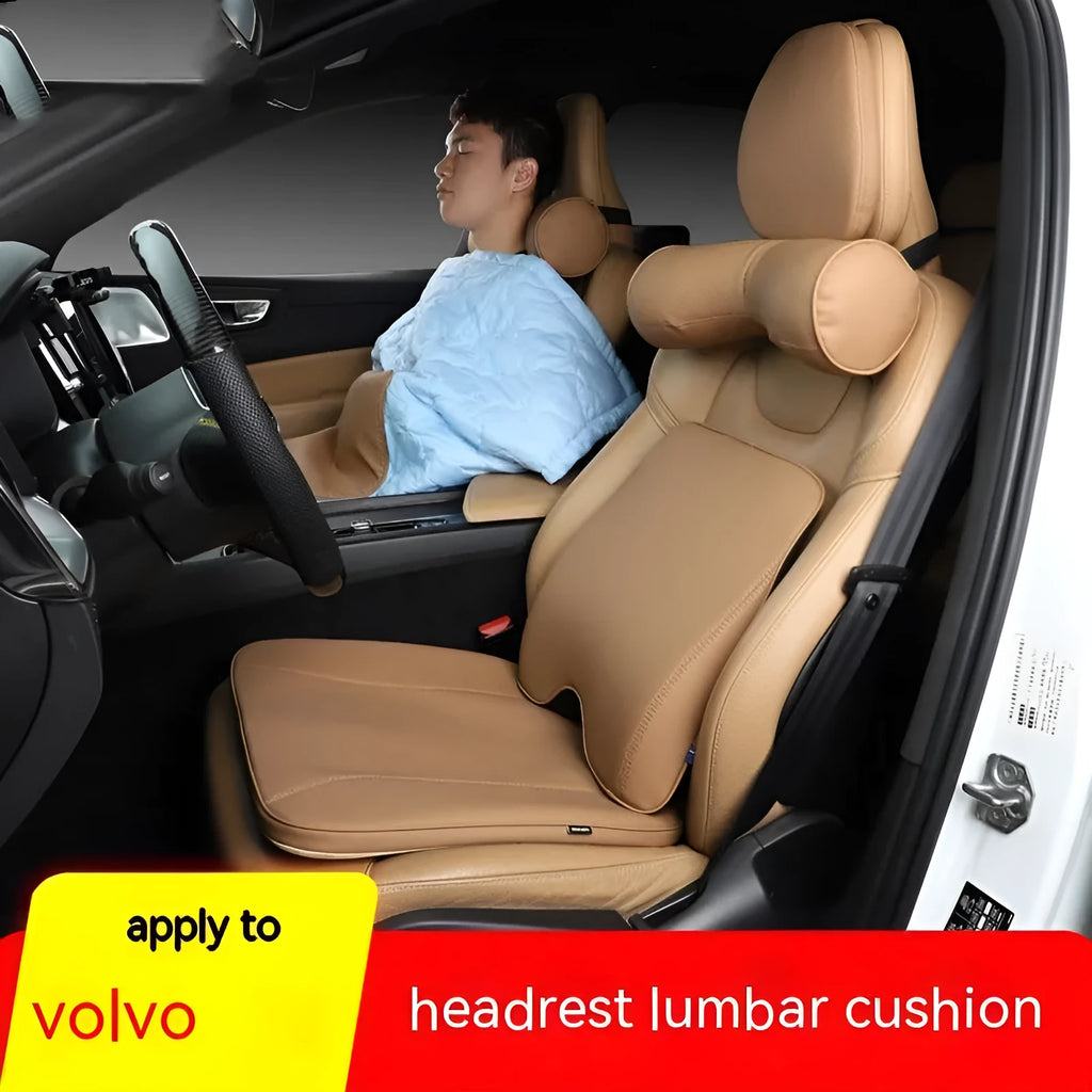 Volvo car seat cushion set showing headrest, neck pillow and lumbar support in a brown colour option.
