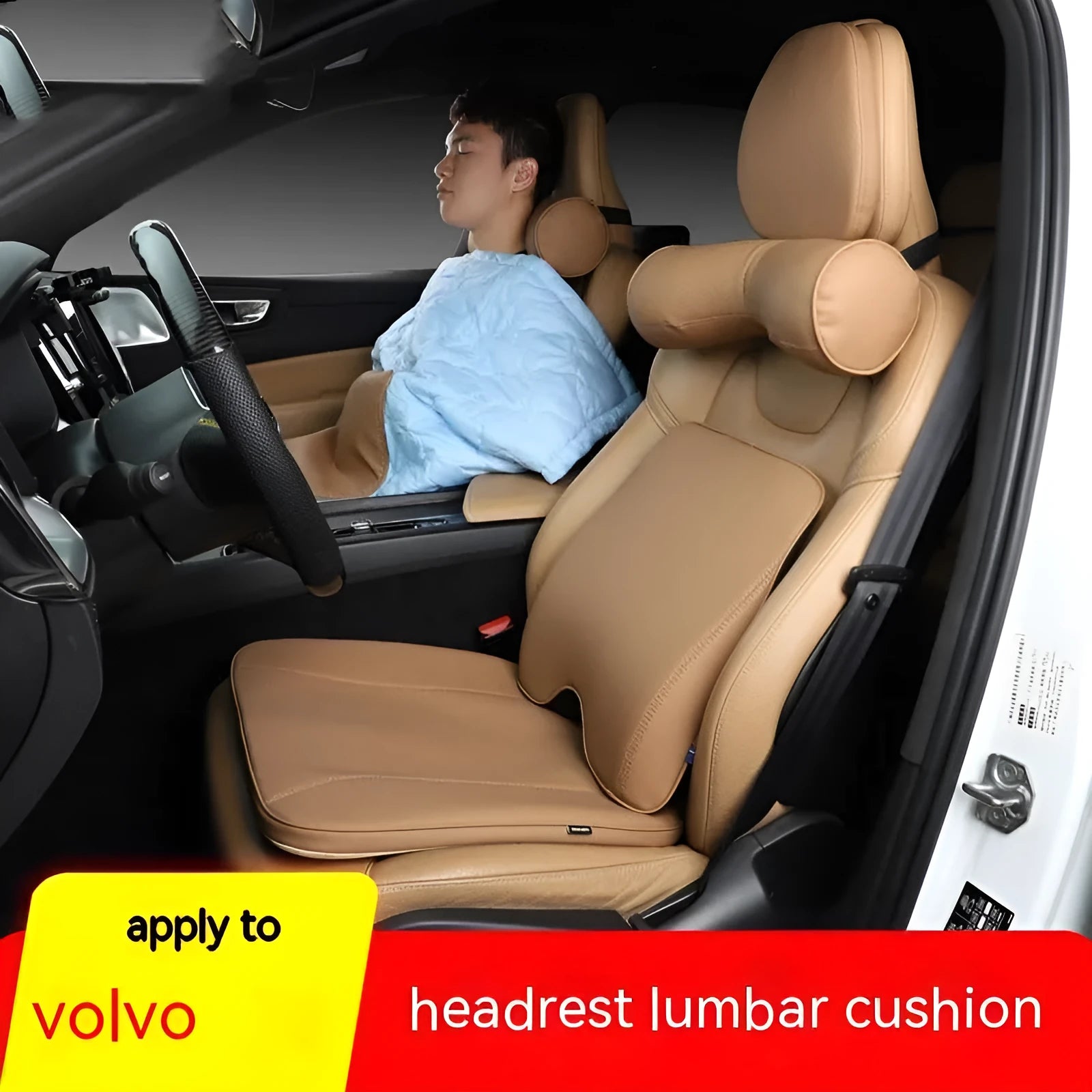 Volvo car seat cushion set showing headrest, neck pillow and lumbar support in a brown colour option.