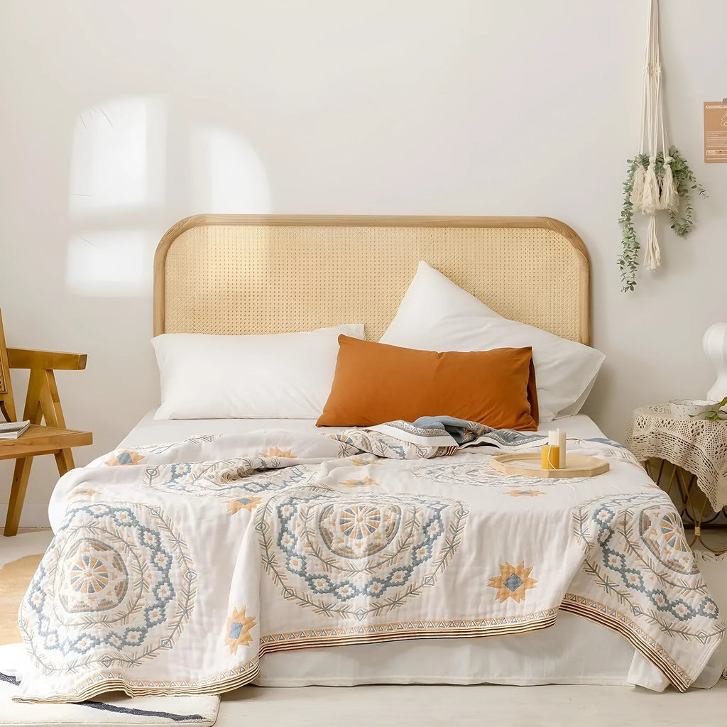 Cotton geometric pattern towel blanket in modern simplicity style shown on bed