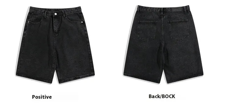 Men's solid colour denim shorts with straight-leg cut and five-point styling on mid-waist design