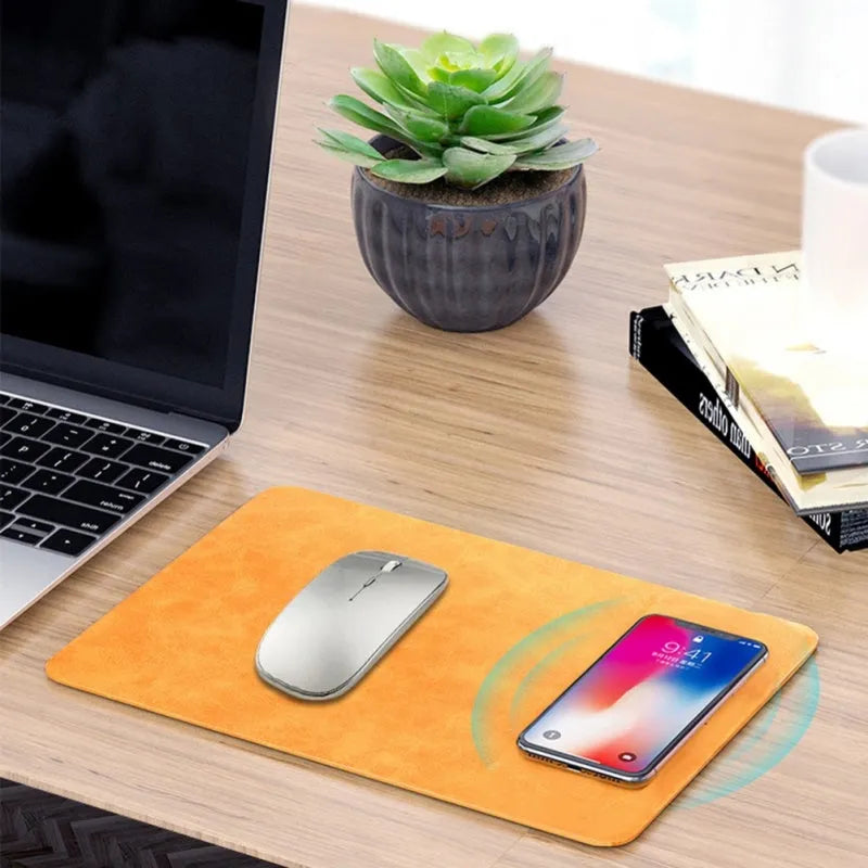 Brown leather wireless charging mouse pad with micro USB cable for fast device charging
