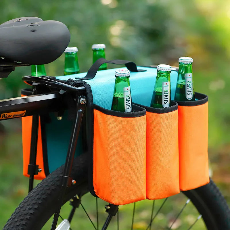 Black bicycle drink storage bag with anti-scratch shelf attached to bike frame