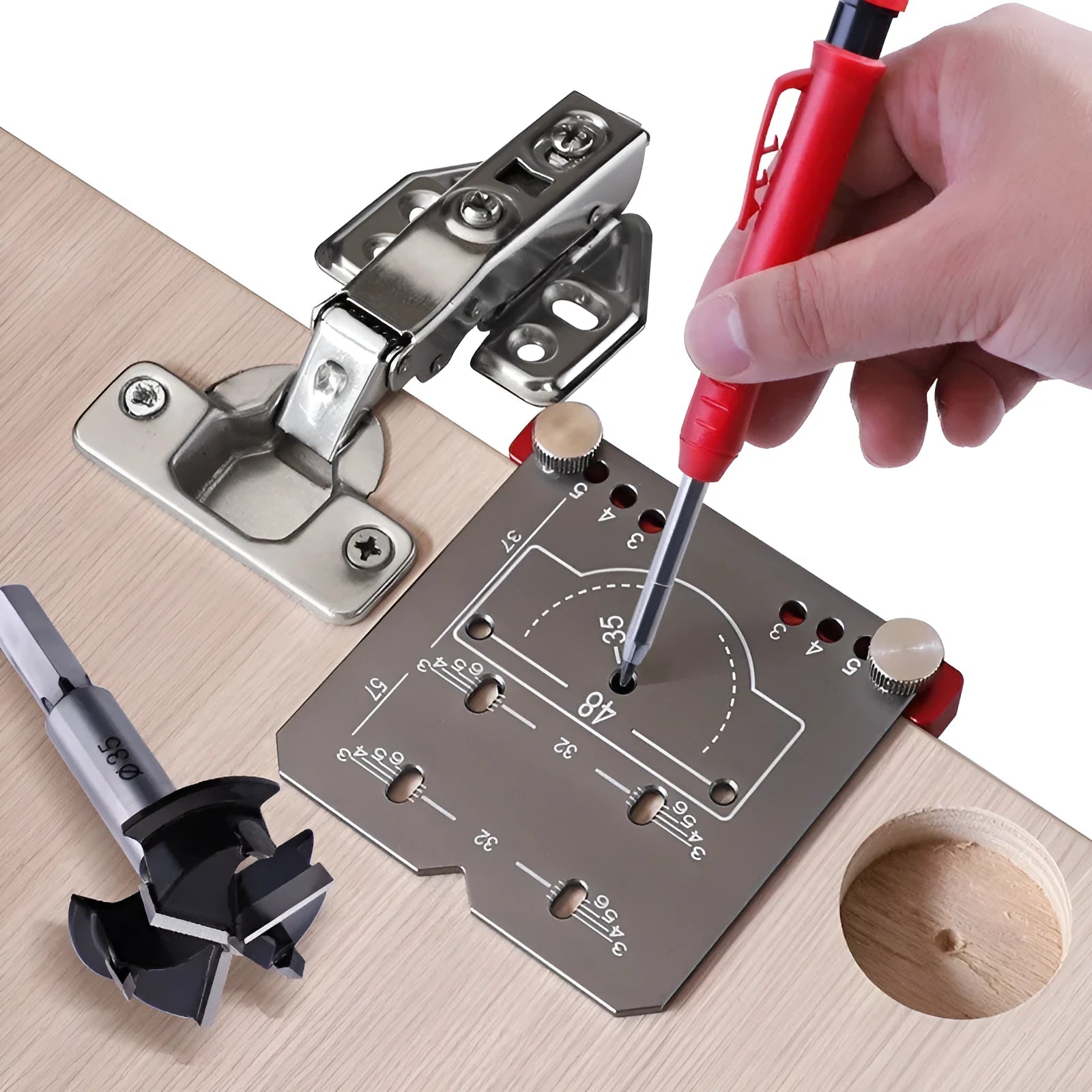 Red aluminium alloy hinge positioning ruler with adjustable margin gauge and hard alloy tapper for 35mm cabinet hinges