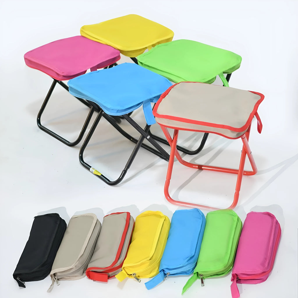 Lightweight foldable outdoor camp chair stool in oxford cloth, shown in khaki colour, folded and unfolded.
