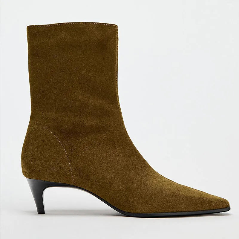 Brown women's square toe ankle boots with a side zip and a stiletto kitten heel on a waterproof platform sole.