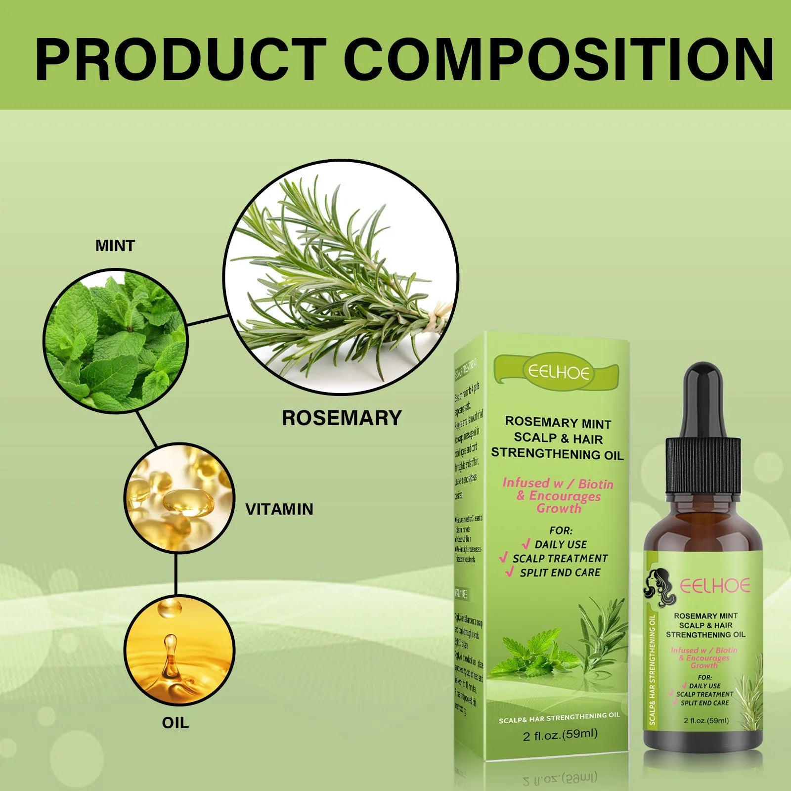 59ml bottle of Rosemary Mint Hair Growth Fluid for scalp massage and hair repair.