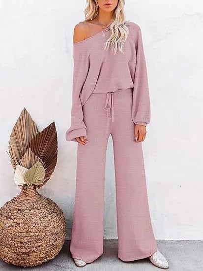 Women's casual solid colour two-piece set, long-sleeved top and trousers, polyester, beaded detail, in apricot colour