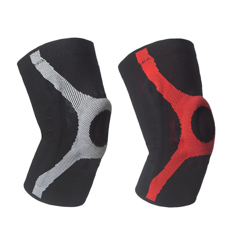Red and grey silicone knitted knee pads with non-slip grip for sports protection.