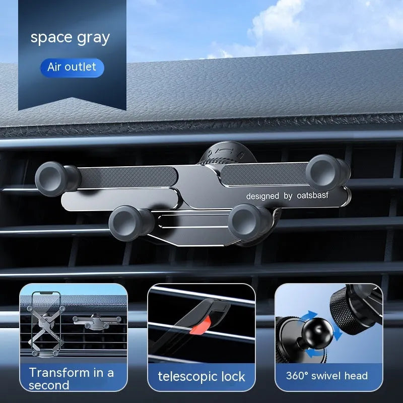 Silver car mobile phone holder bracket mounted on vehicle air vent