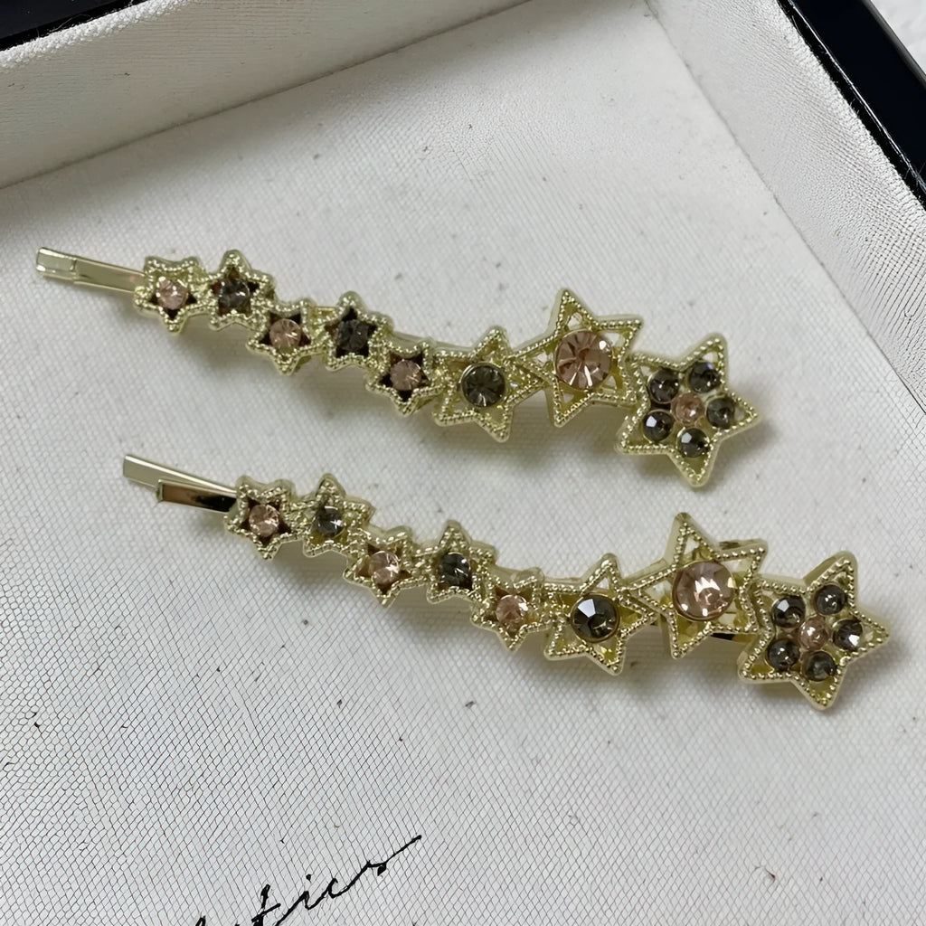 Gold Korean-style rhinestone barrette with broken clip design for bangs