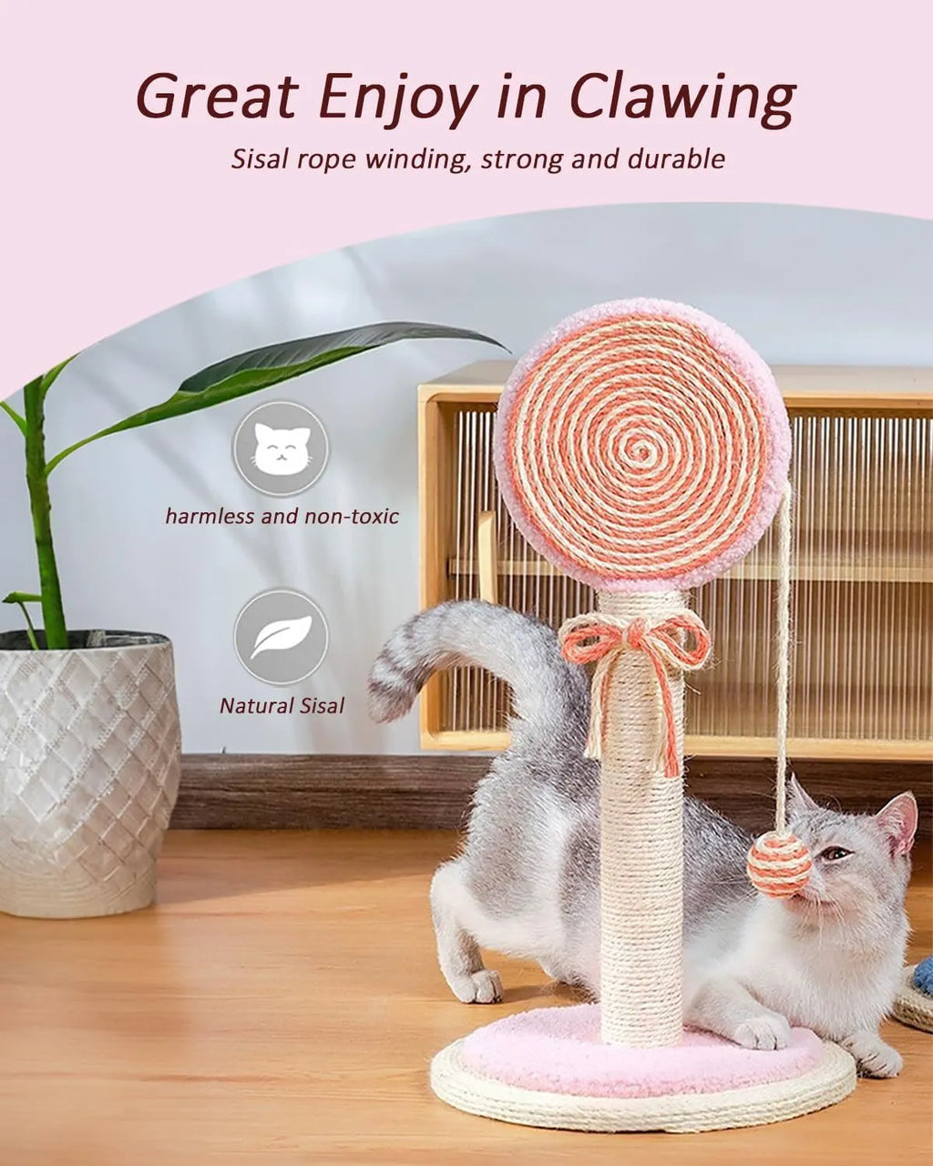 Blue cat scratching post made of natural sisal with a hanging ball on a stable white base.