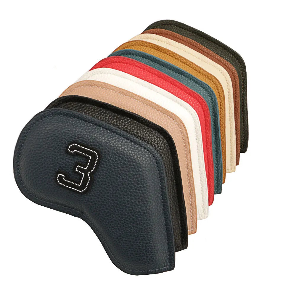 Set of 10 colourful digital print golf club head covers in PU leather for driver, woods, and irons