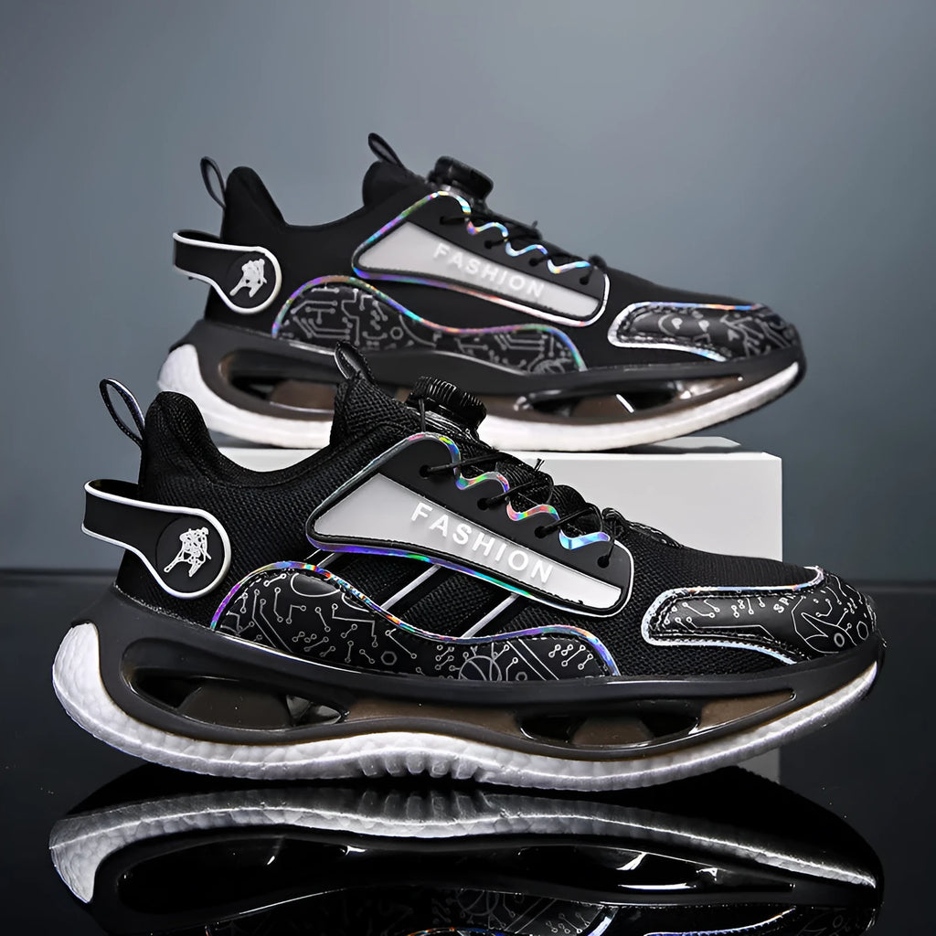 Men's low-top mesh sports shoes in black with elastic band and textured Popcorn TPU sole.