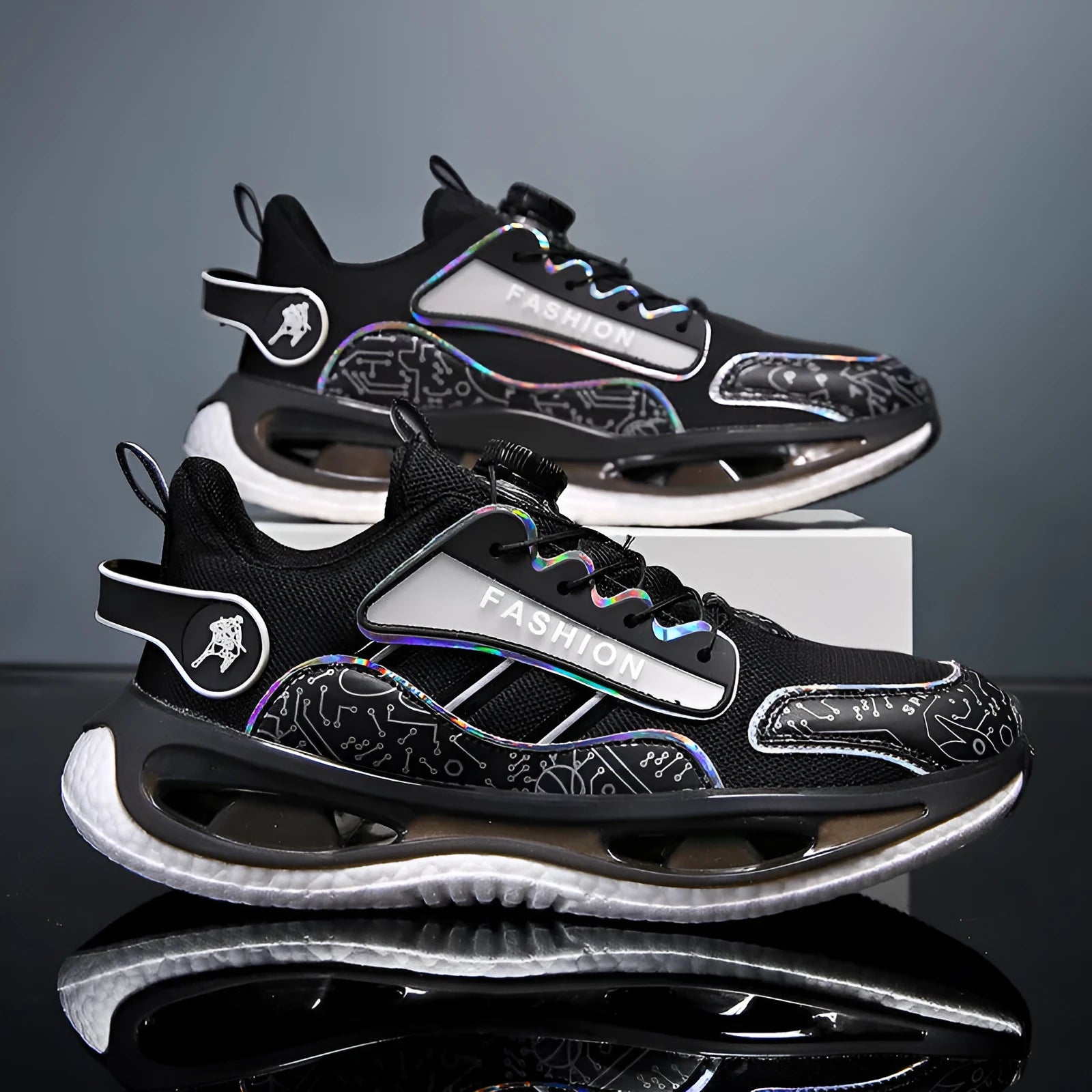 Men's low-top mesh sports shoes in black with elastic band and textured Popcorn TPU sole.
