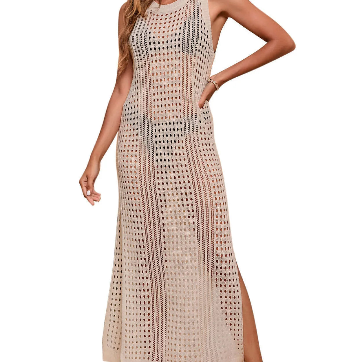 Women's loose green hollow-out knitted beach blouse for swimming cover-up.