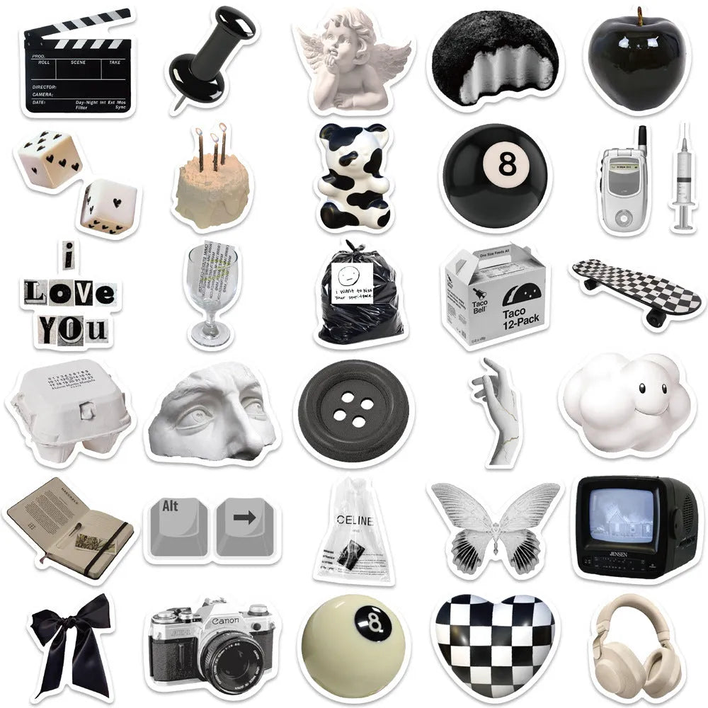 Black and white PVC waterproof sticker set with 61 pieces for laptop phone luggage customisation