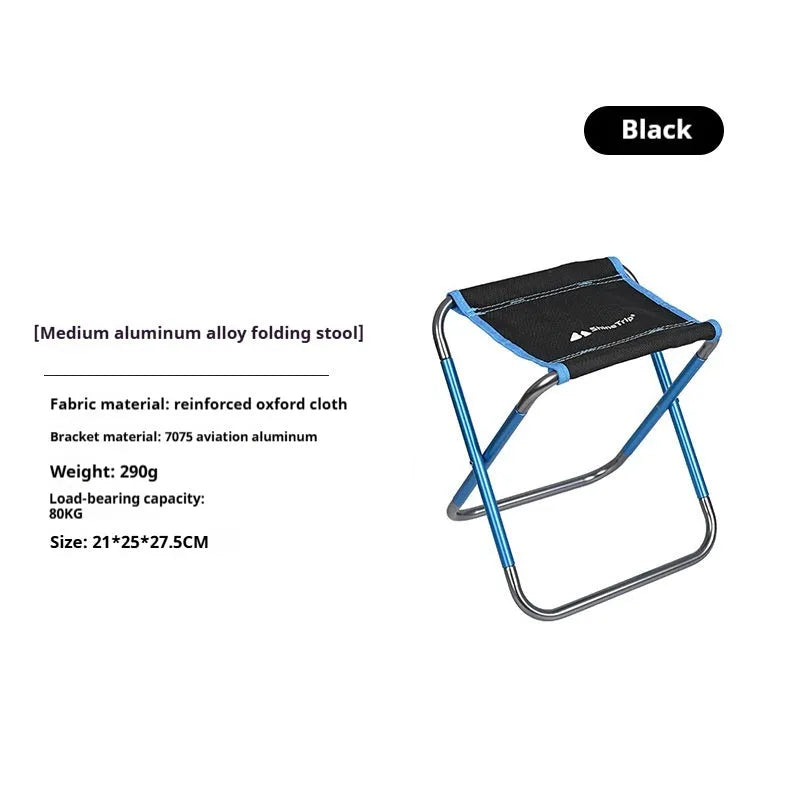 Black ethnic style folding camp stool with 7075 aluminium alloy frame in folded position.