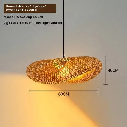 Straw hat-shaped bamboo hanging ceiling lamp with woven natural fibre texture