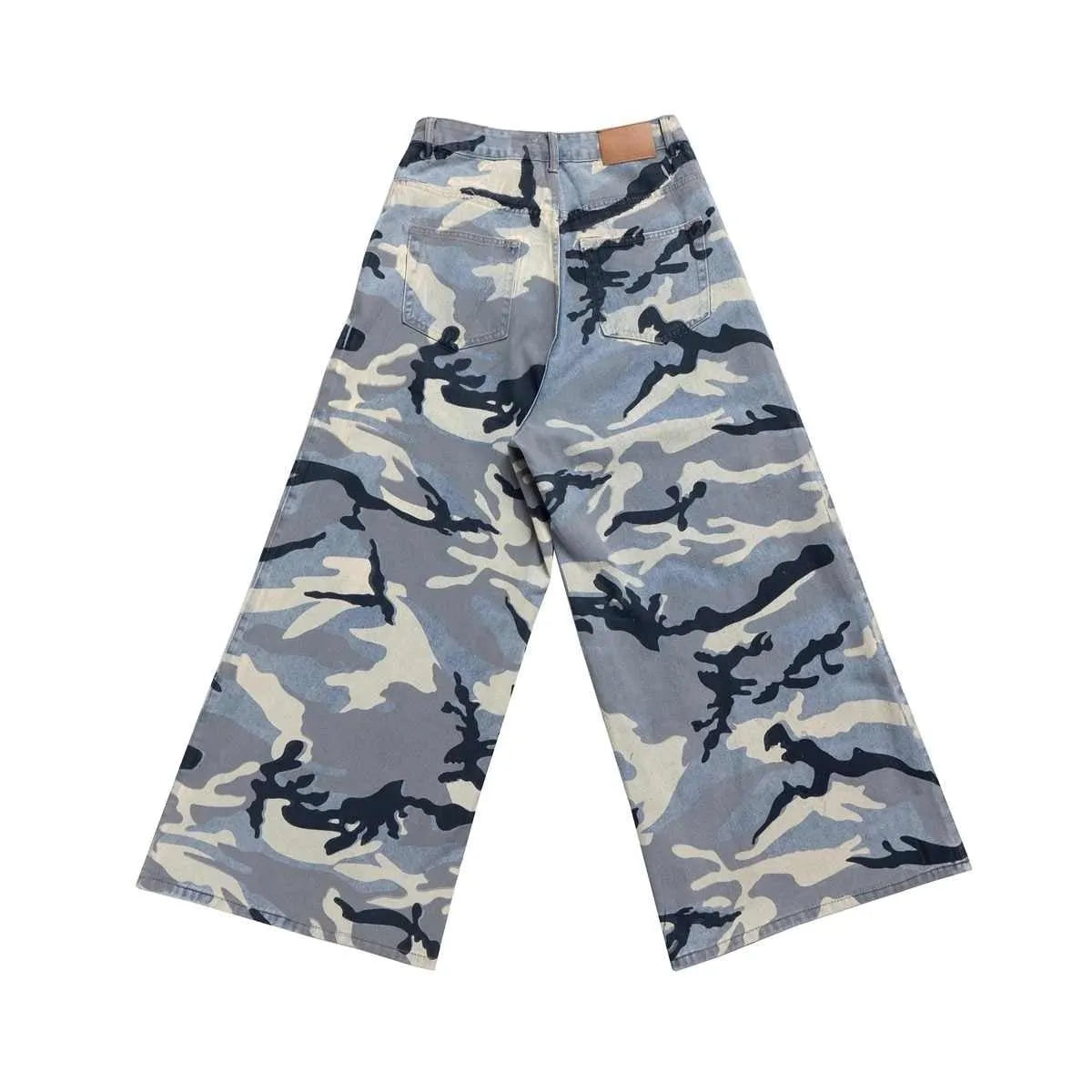 Snow camouflage blue loose-fit jeans with a mid-waist, shown flat.