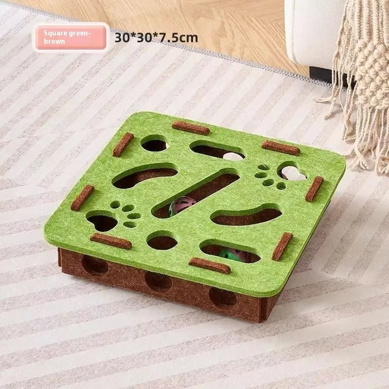 Felt cat toy with interactive hole measuring 30cm in green brown, camel white, and grey colour options