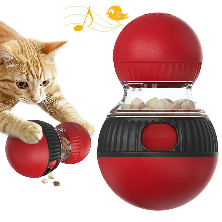 Rotating plastic cat toy with food dropping mechanism and sound effects