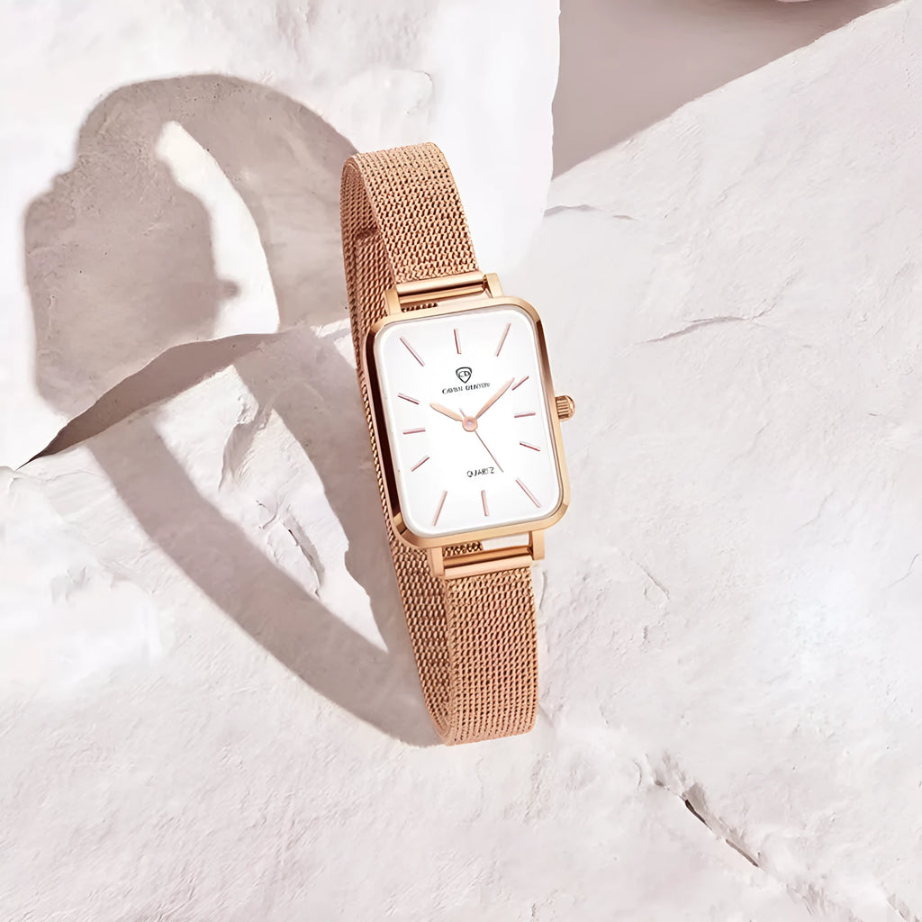 Womens waterproof watch with woven steel strap and alloy case in rose gold or silver