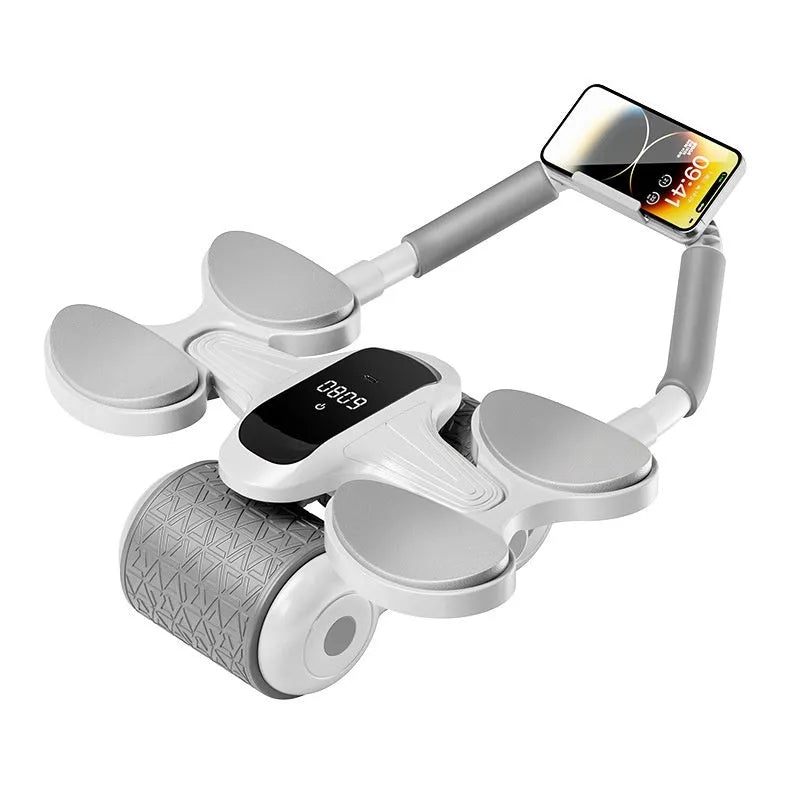 White fitness roller with LED timing screen for abdominal exercises