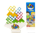 Plastic balance stacking game with 16 colourful building blocks on chassis